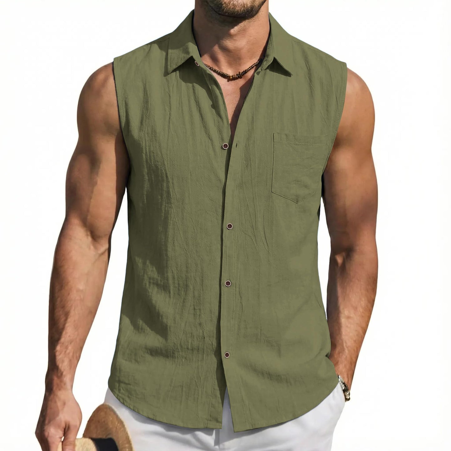 Men's Linen Sleeveless Hooded Button Tank Top, Lightweight Casual Summer Beach Wear
