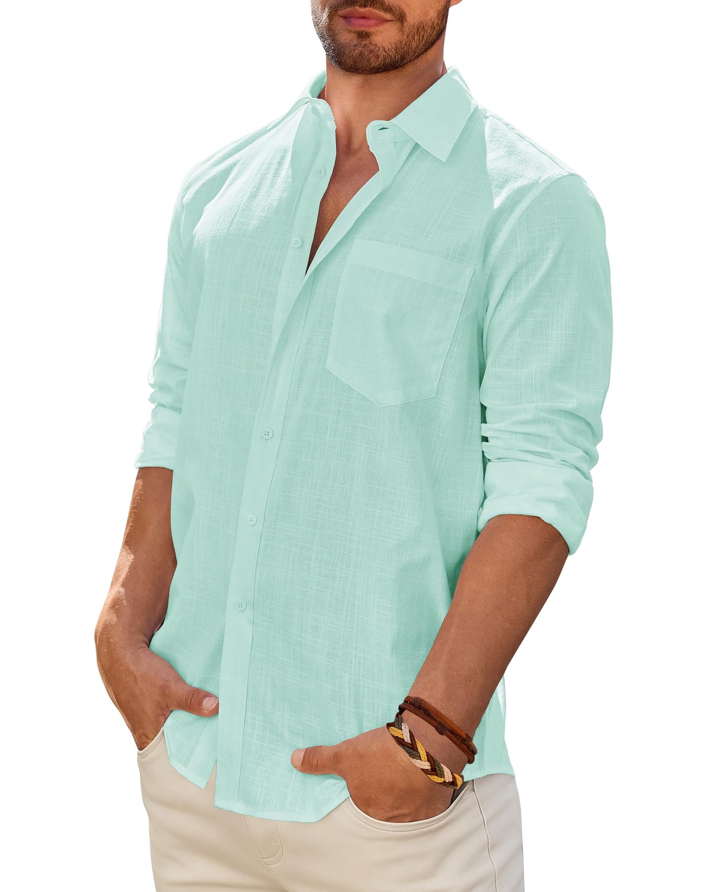 Men's Linen Textured Long Sleeve Shirt, Solid Cotton Regular Fit Button Down Shirt, Casual for Summer, Beach and Wedding Wear