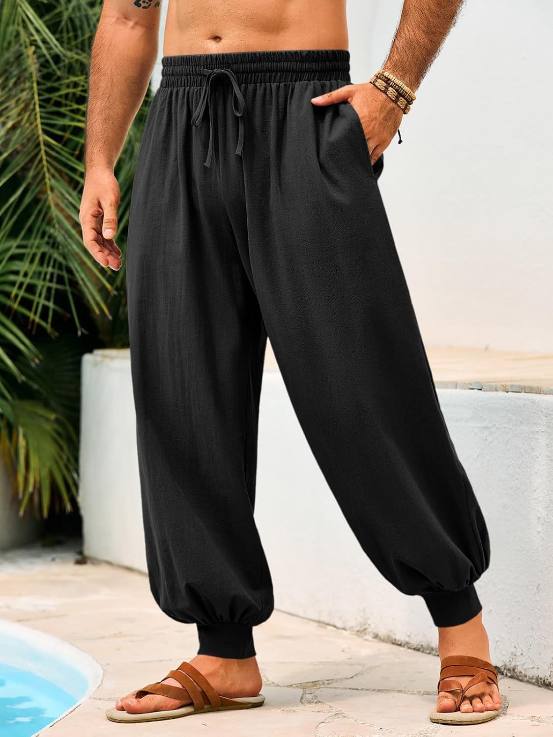 Men's Cotton Linen Harem Pants, Elastic Waist with Drawstring, Loose Casual Trousers for Yoga, Beach and Daily Wea