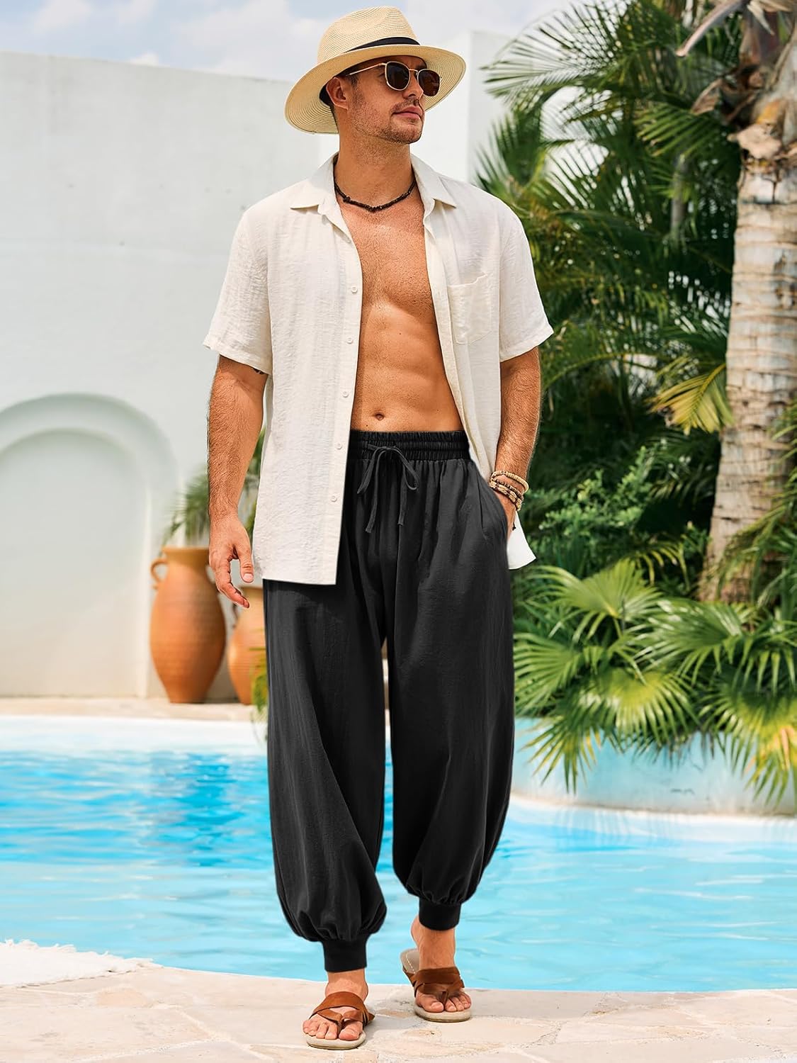 Men's Cotton Linen Harem Pants, Elastic Waist with Drawstring, Loose Casual Trousers for Yoga, Beach and Daily Wea