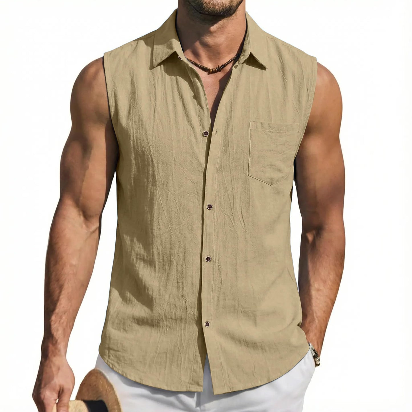 Men's Linen Sleeveless Hooded Button Tank Top, Lightweight Casual Summer Beach Wear