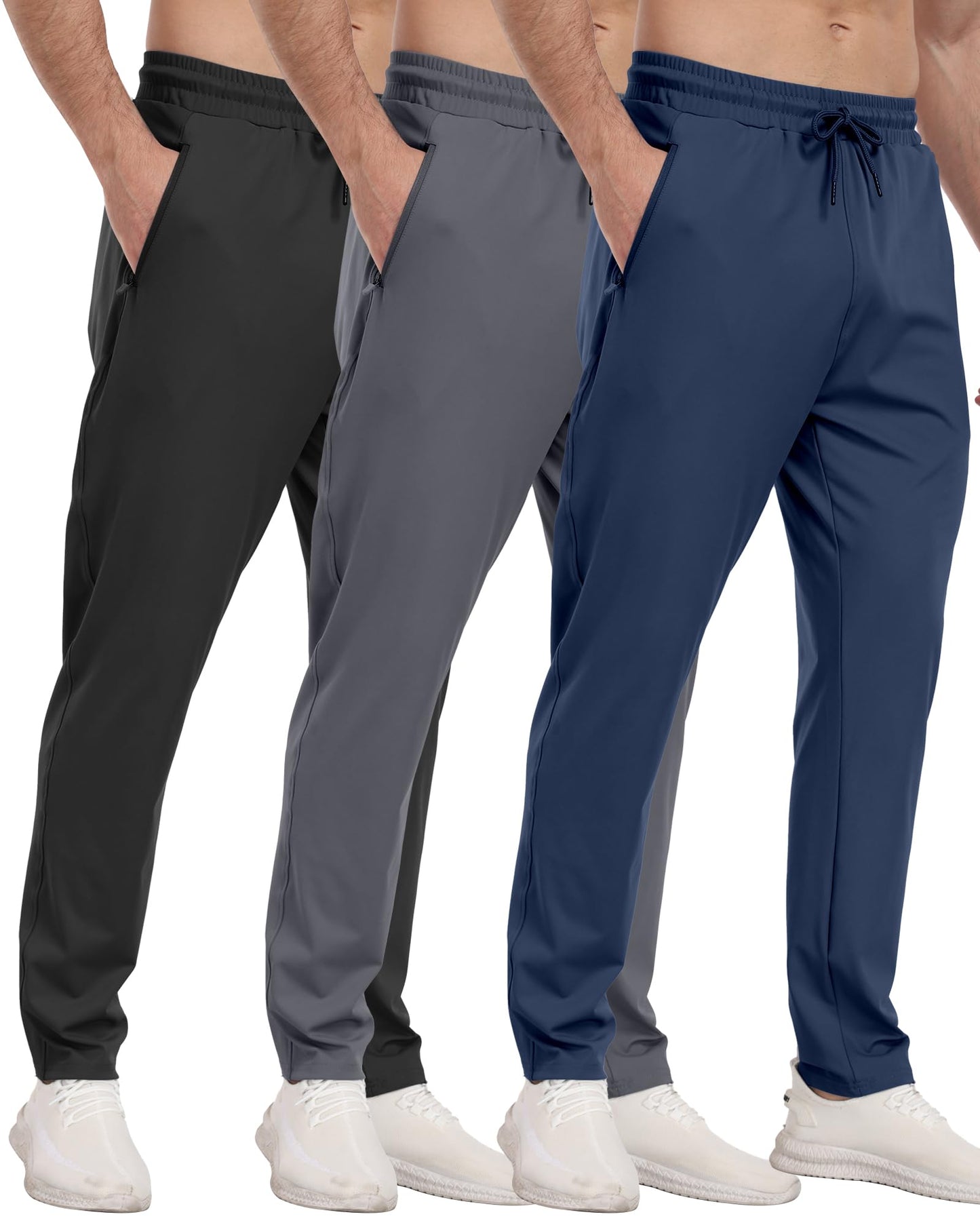 3 Pack Men's Jogger Pants with Zipper Pockets, Casual Sports Trousers for Workout Running