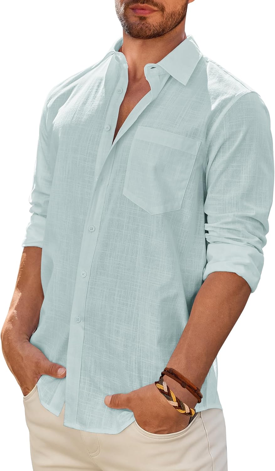 Men's Linen Textured Long Sleeve Shirt, Solid Cotton Regular Fit Button Down Shirt, Casual for Summer, Beach and Wedding Wear