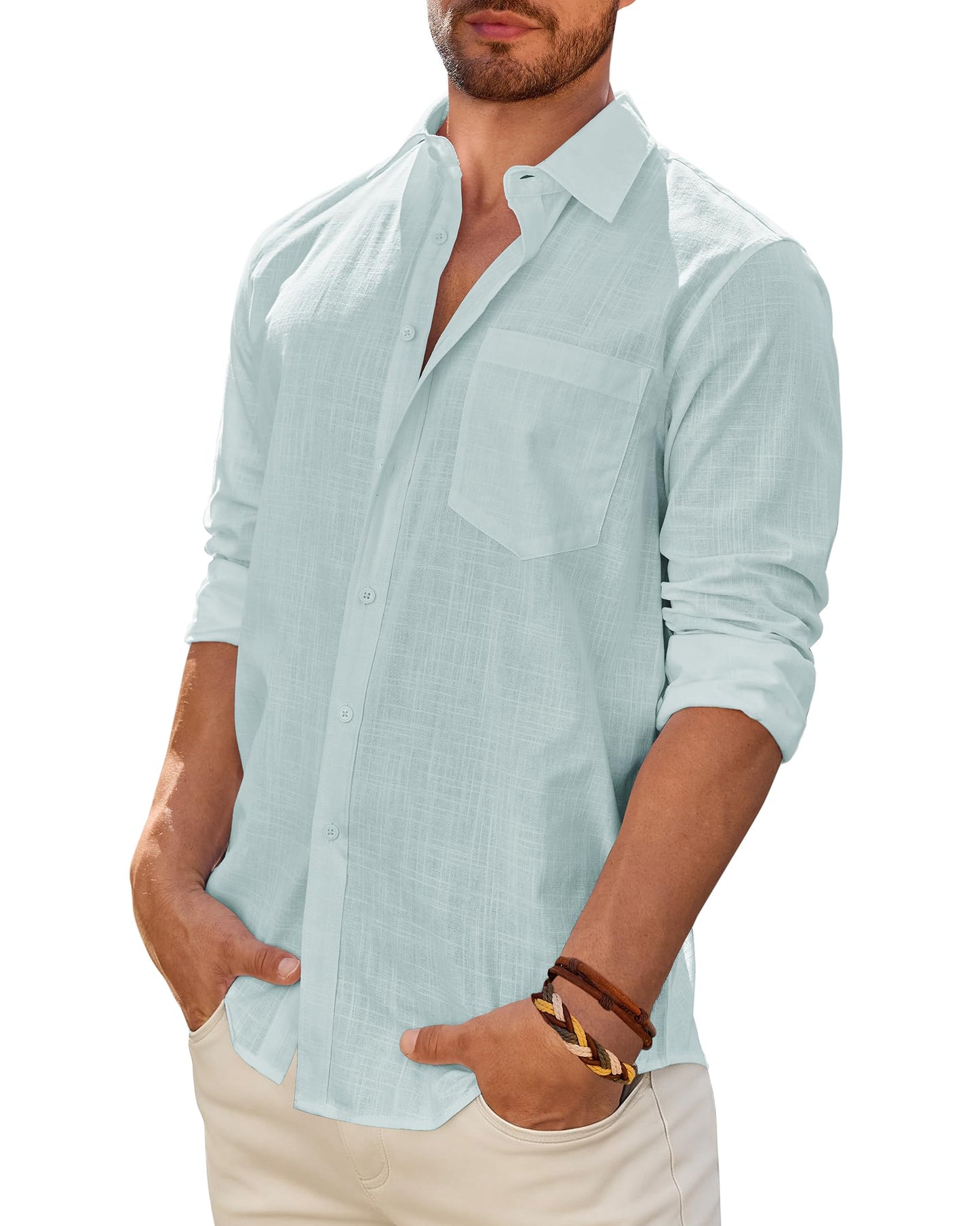 Men's Linen Textured Long Sleeve Shirt, Solid Cotton Regular Fit Button Down Shirt, Casual for Summer, Beach and Wedding Wear