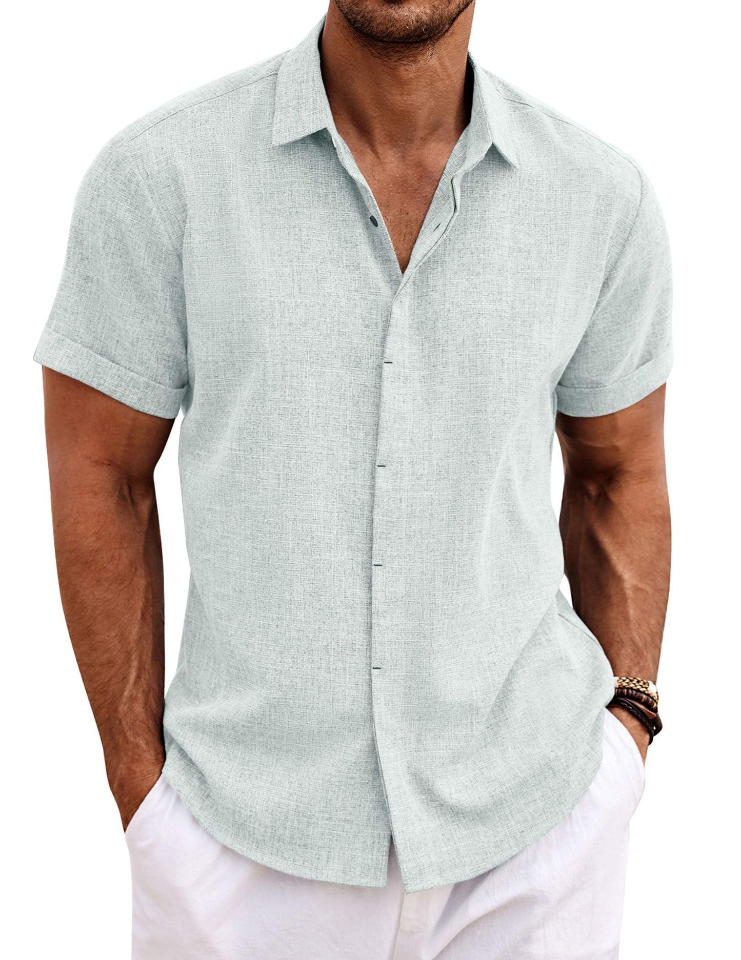 Men's Linen Shirts Short Sleeve Casual Shirts Button Down Shirt for Men Beach Summer Wedding Shirt