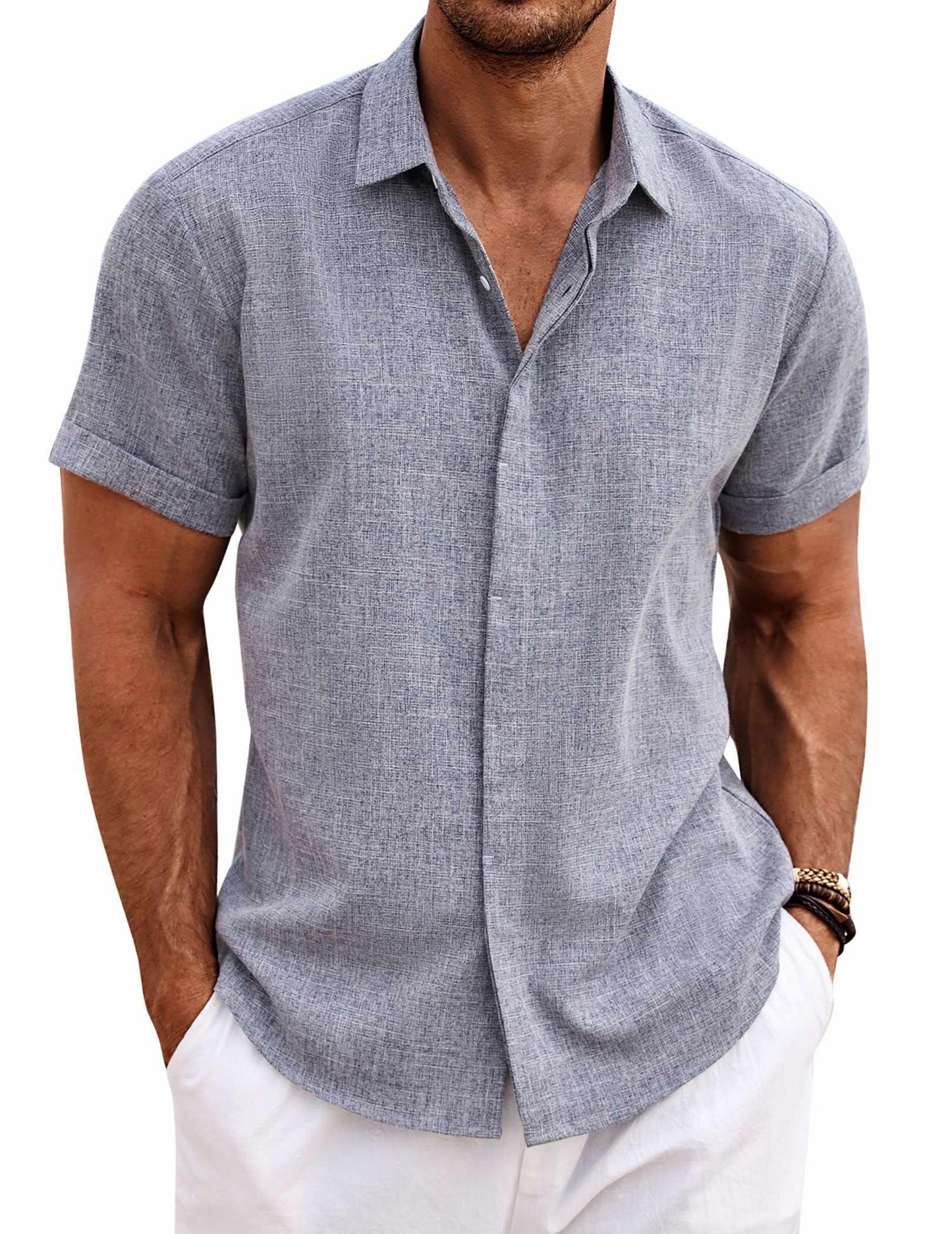 Men's Linen Shirts Short Sleeve Casual Shirts Button Down Shirt for Men Beach Summer Wedding Shirt