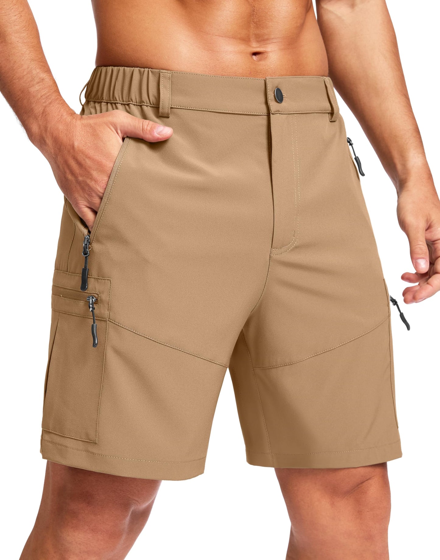 Men's Multi-Pocket Lightweight Outdoor Cargo Shorts, Casual Shorts for Hiking Golf Camping Could you recommend other men's outdoor apparel? Are hooded waterproof jackets available? What features do these hiking cargo shorts have?        What are the advan