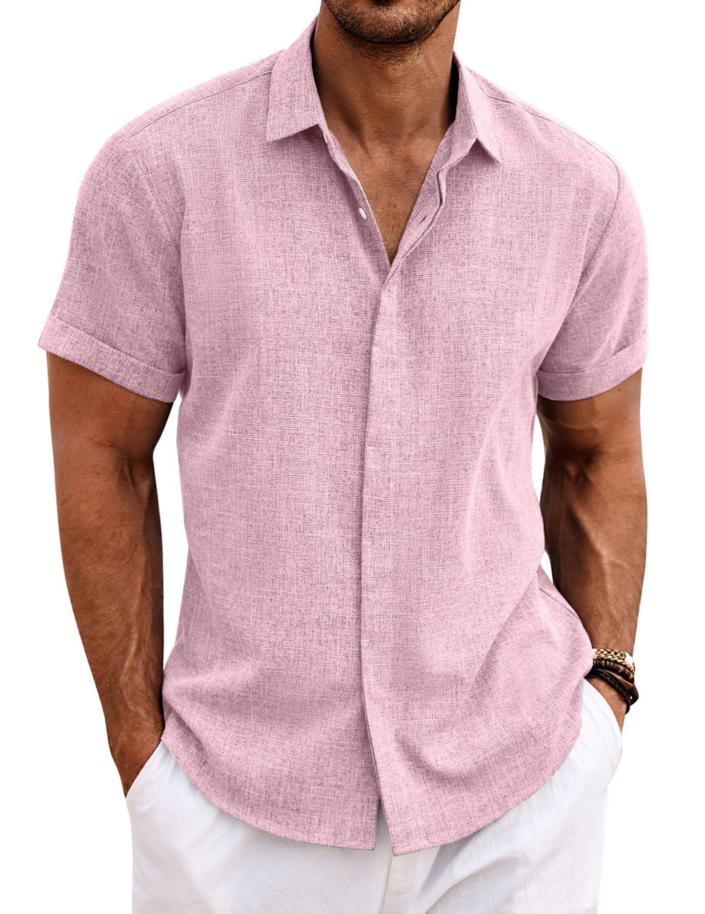 Men's Linen Shirts Short Sleeve Casual Shirts Button Down Shirt for Men Beach Summer Wedding Shirt