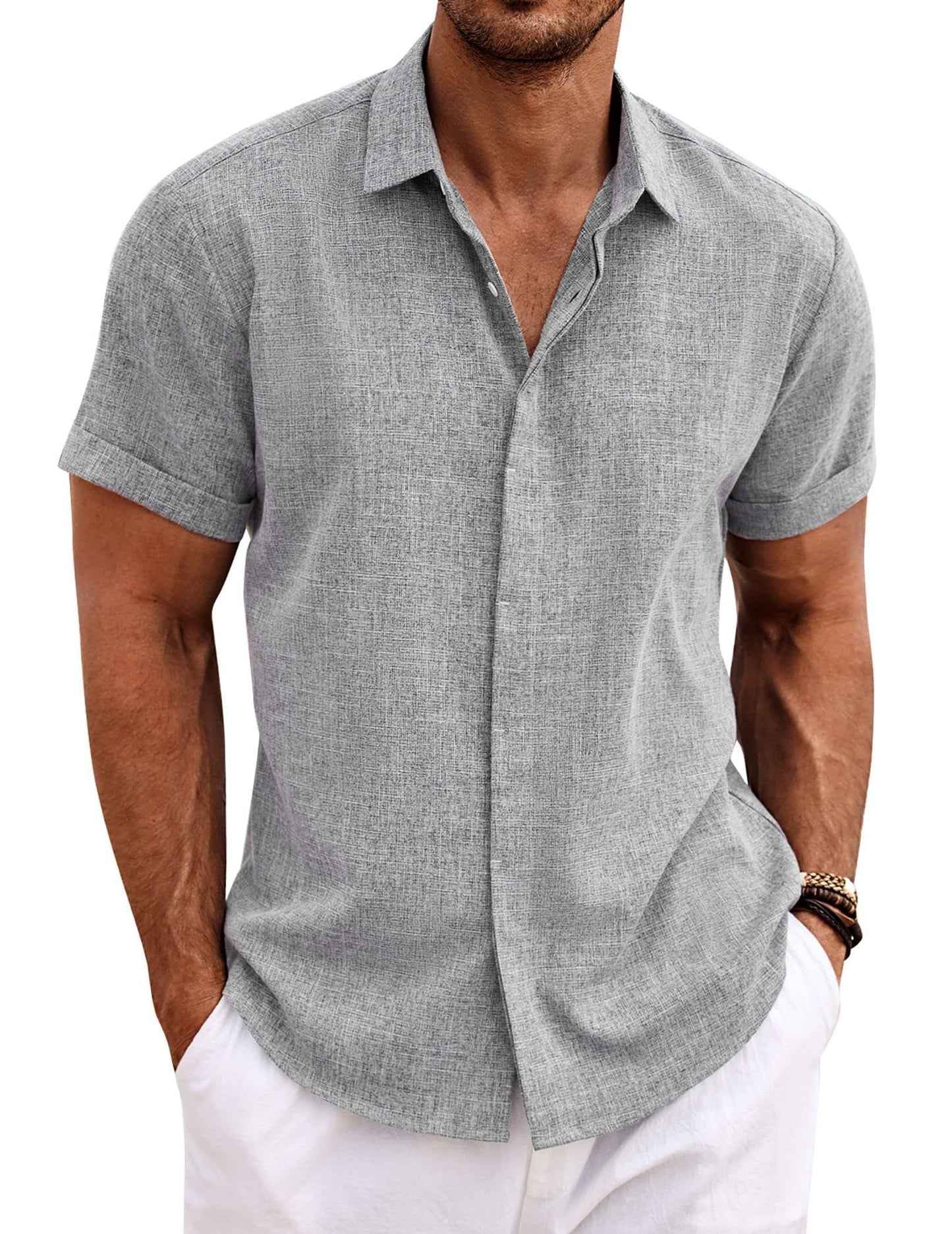Men's Linen Shirts Short Sleeve Casual Shirts Button Down Shirt for Men Beach Summer Wedding Shirt