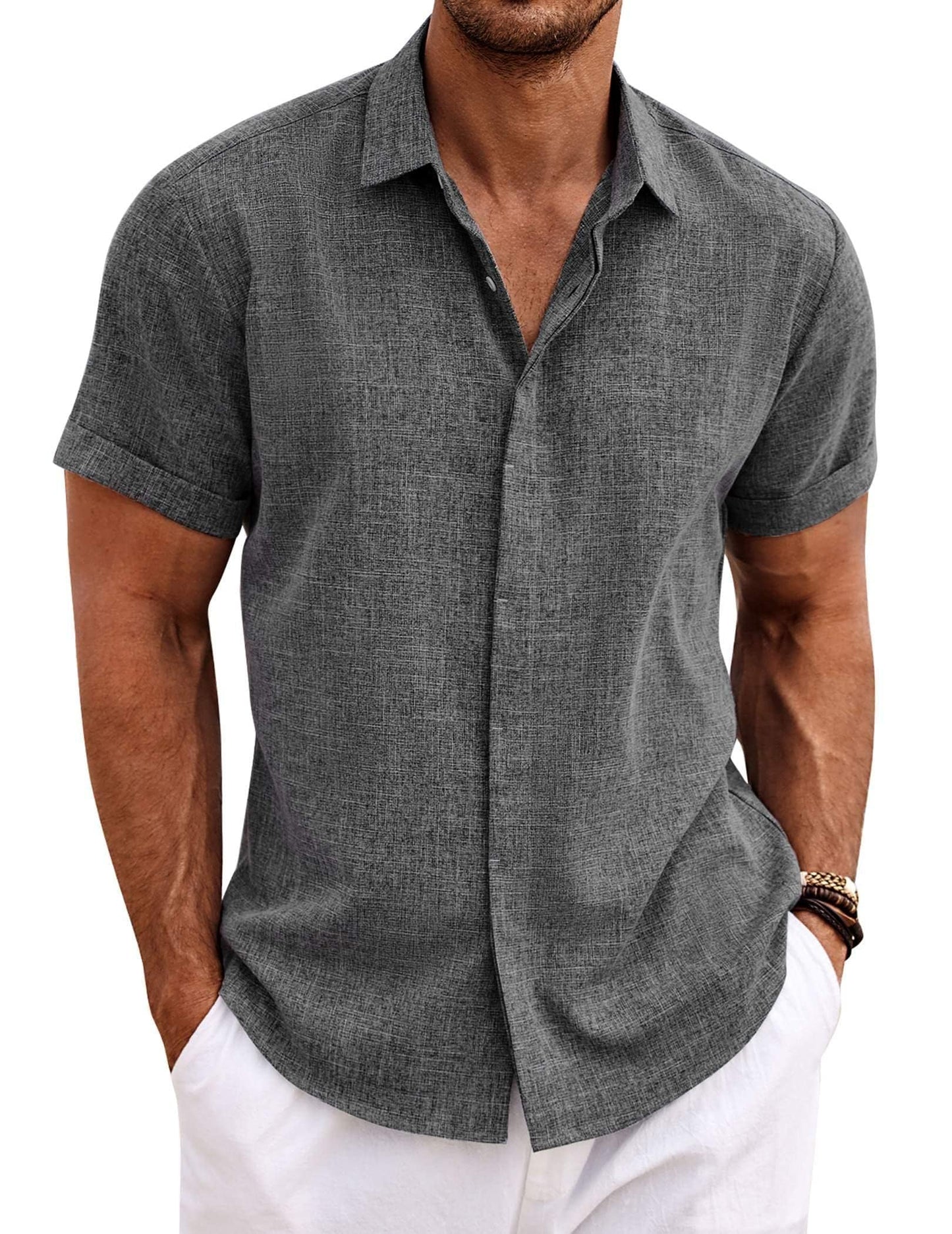 Men's Linen Shirts Short Sleeve Casual Shirts Button Down Shirt for Men Beach Summer Wedding Shirt
