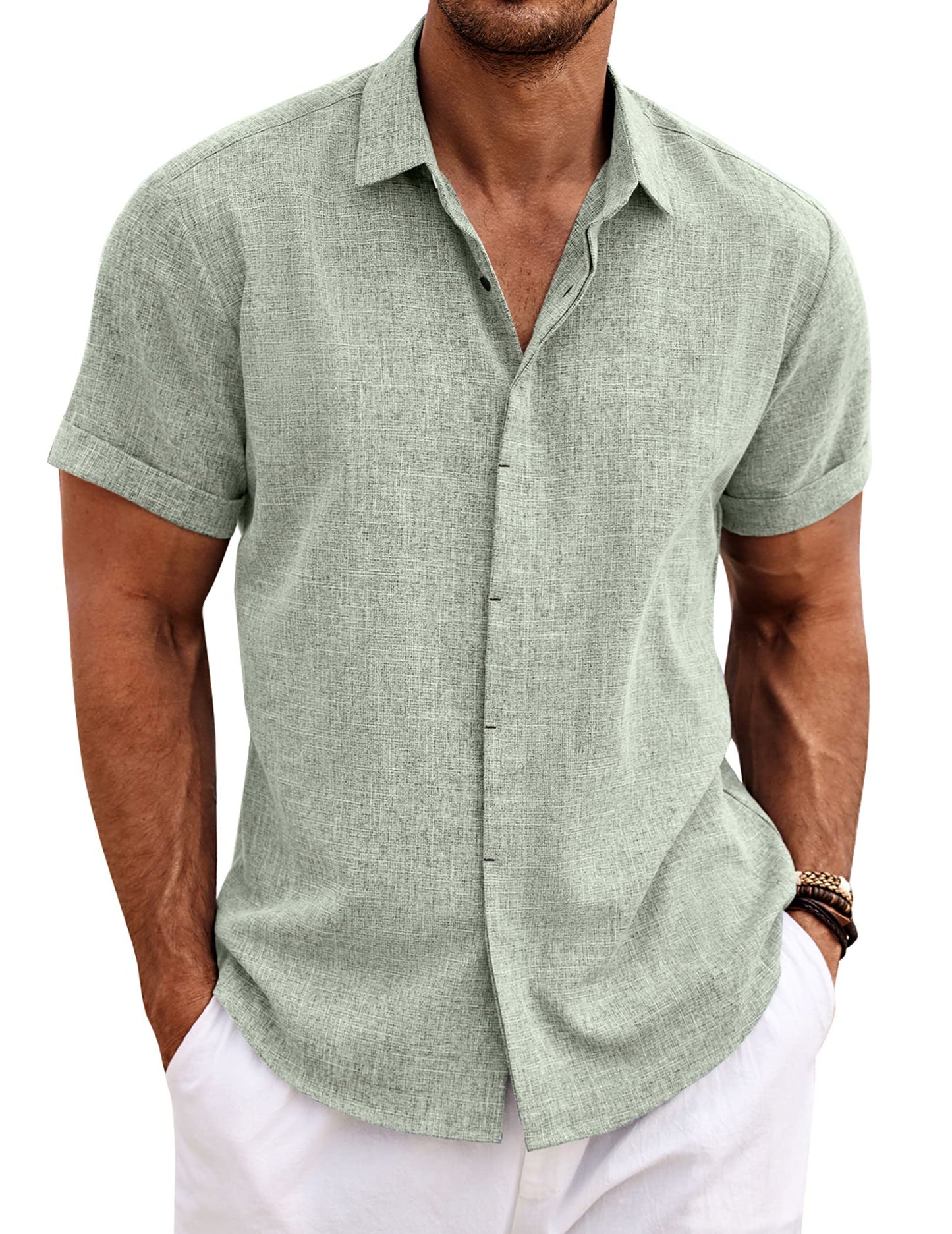 Men's Linen Shirts Short Sleeve Casual Shirts Button Down Shirt for Men Beach Summer Wedding Shirt