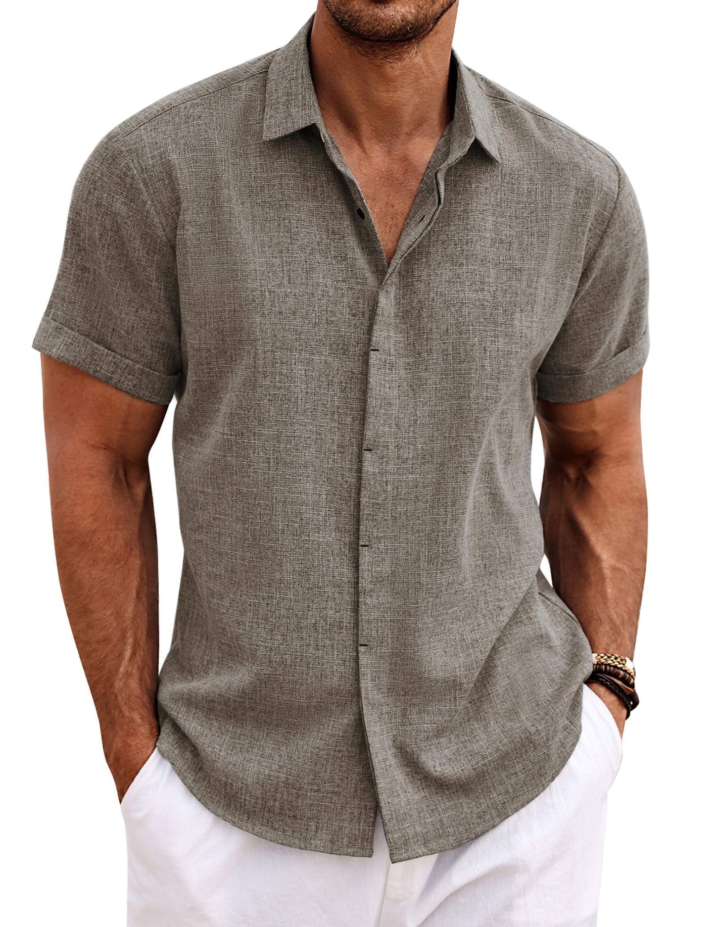 Men's Linen Shirts Short Sleeve Casual Shirts Button Down Shirt for Men Beach Summer Wedding Shirt