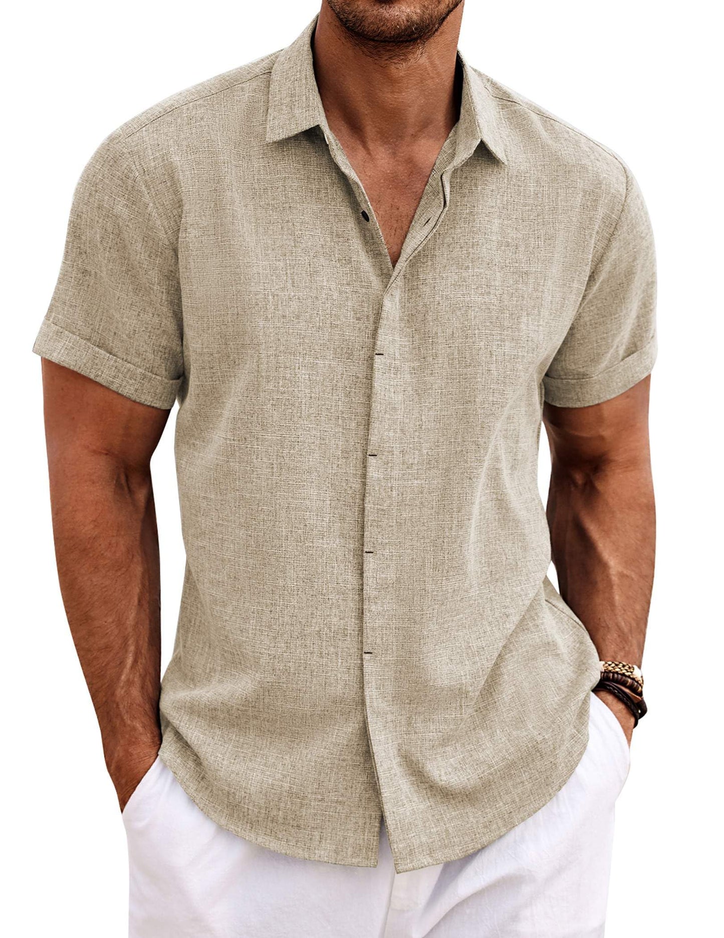 Men's Linen Shirts Short Sleeve Casual Shirts Button Down Shirt for Men Beach Summer Wedding Shirt