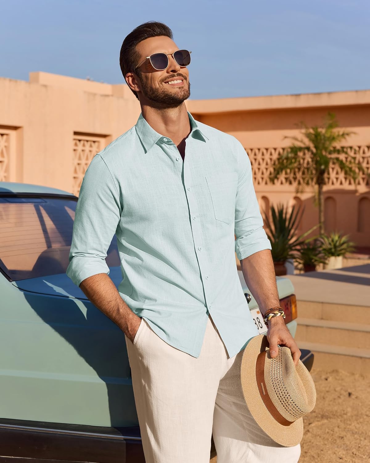 Men's Linen Textured Long Sleeve Shirt, Solid Cotton Regular Fit Button Down Shirt, Casual for Summer, Beach and Wedding Wear
