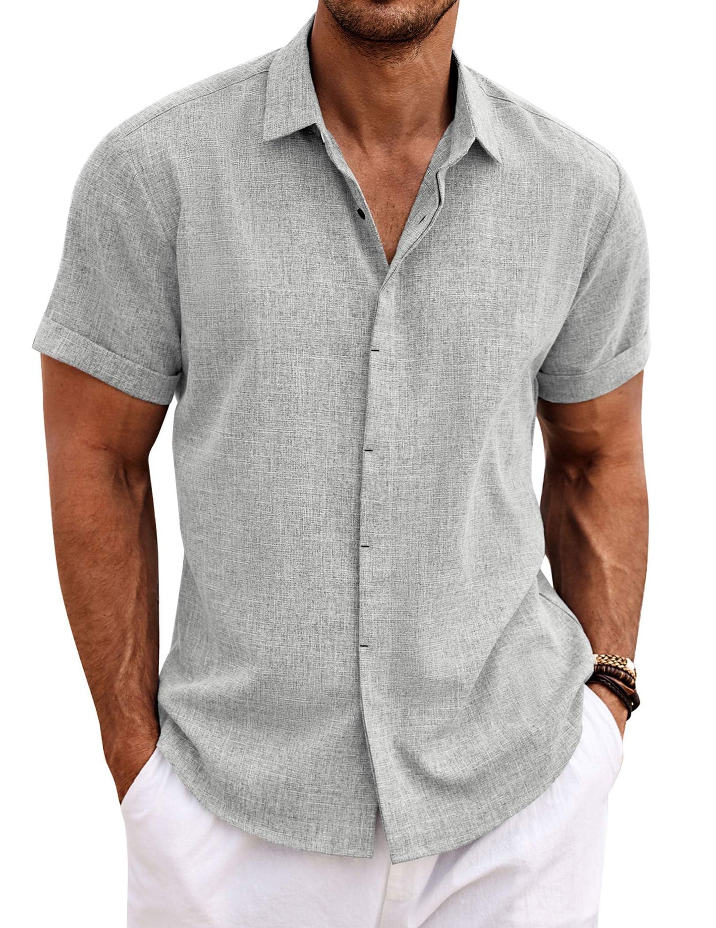 Men's Linen Shirts Short Sleeve Casual Shirts Button Down Shirt for Men Beach Summer Wedding Shirt