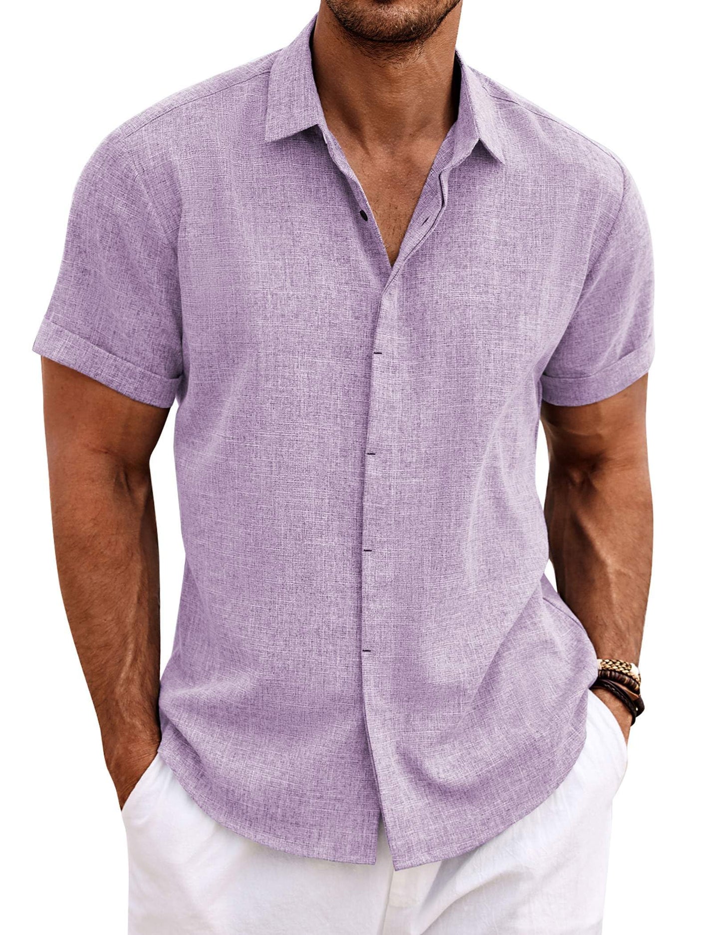 Men's Linen Shirts Short Sleeve Casual Shirts Button Down Shirt for Men Beach Summer Wedding Shirt