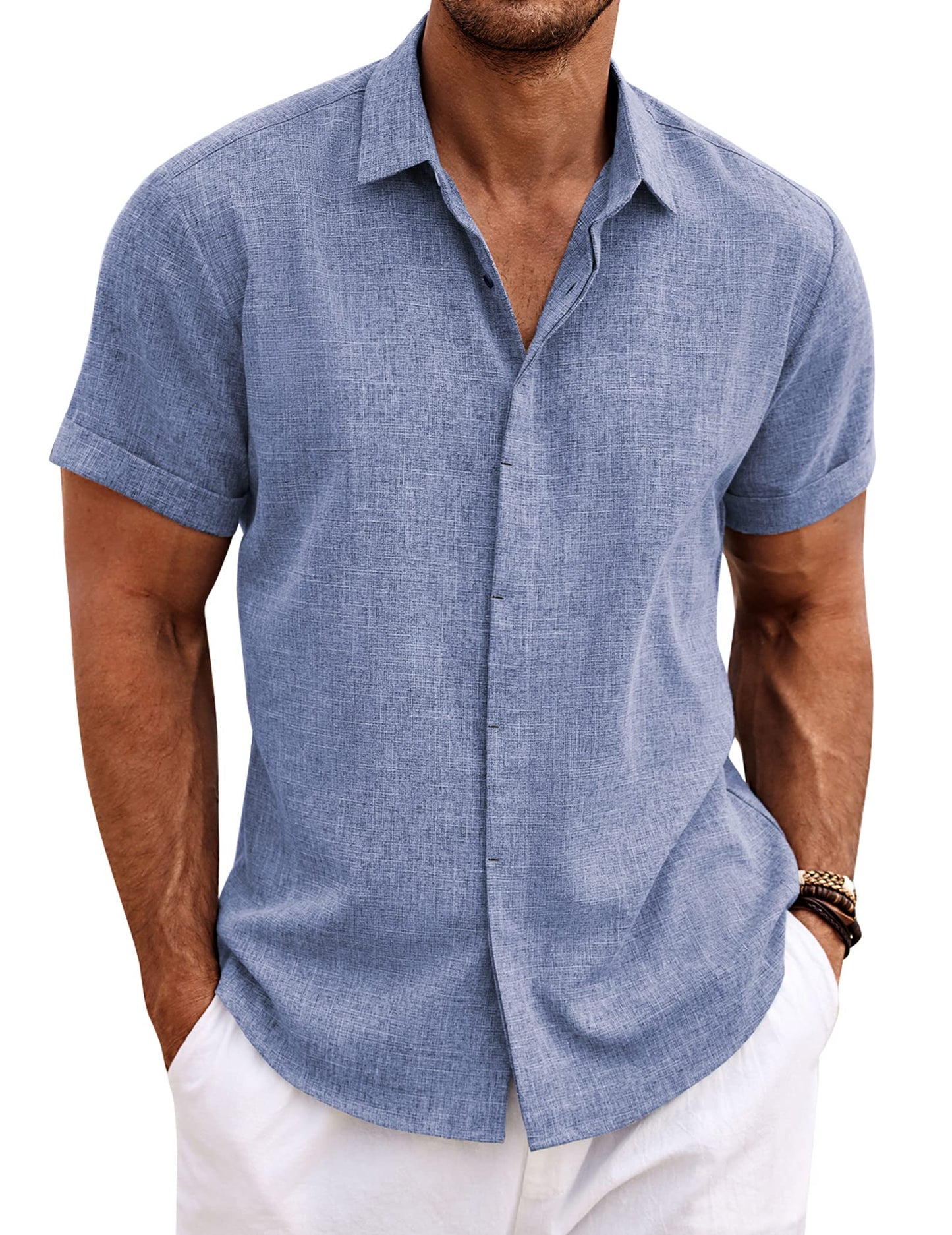 Men's Linen Shirts Short Sleeve Casual Shirts Button Down Shirt for Men Beach Summer Wedding Shirt