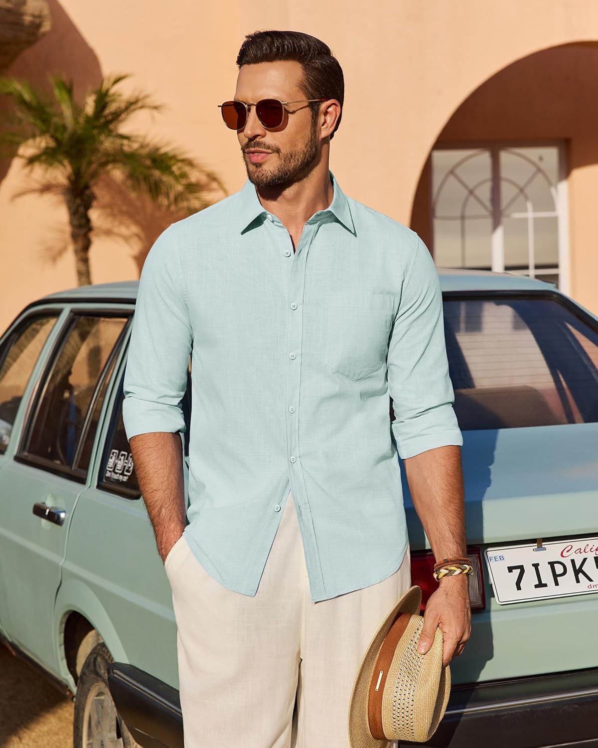 Men's Linen Textured Long Sleeve Shirt, Solid Cotton Regular Fit Button Down Shirt, Casual for Summer, Beach and Wedding Wear