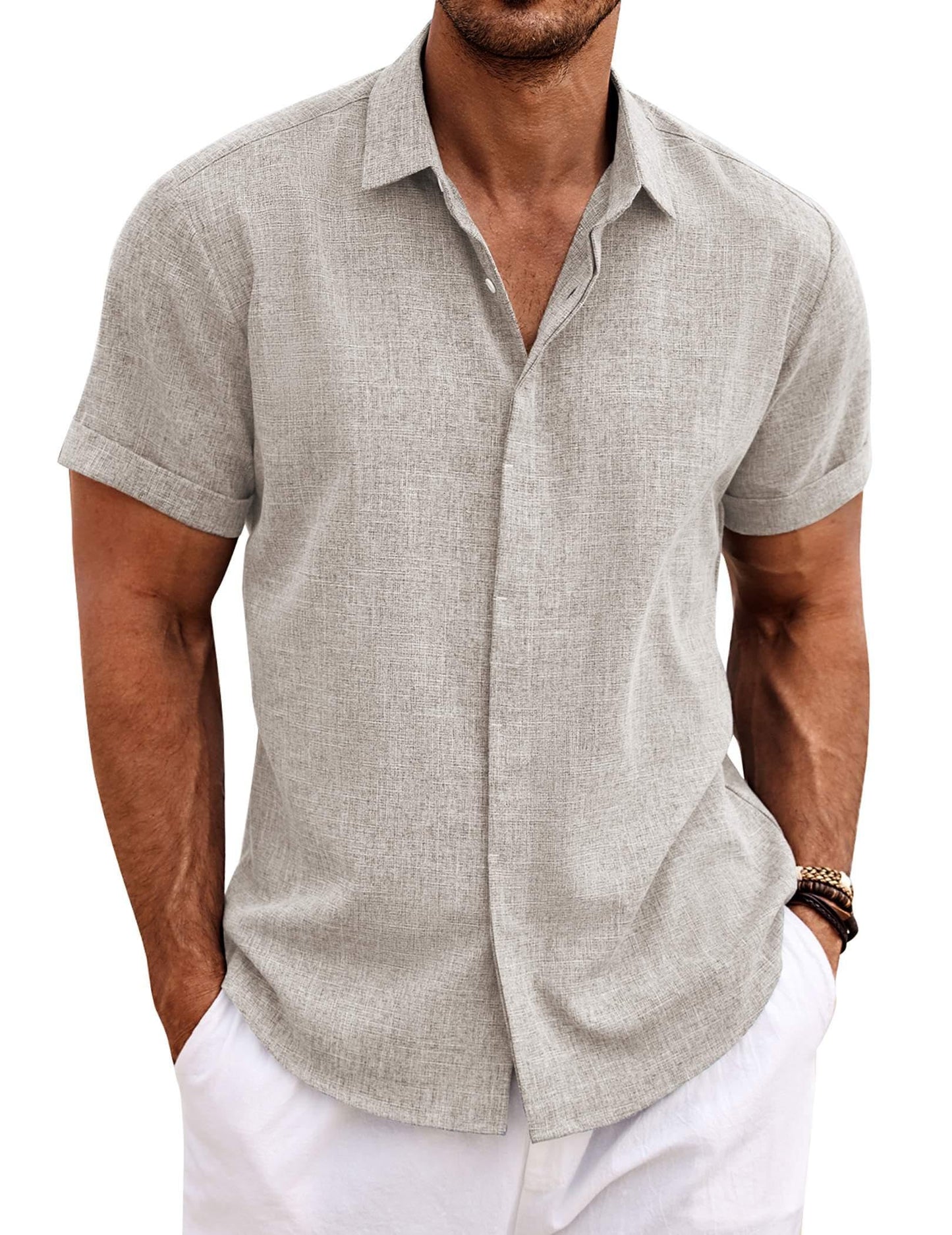 Men's Linen Shirts Short Sleeve Casual Shirts Button Down Shirt for Men Beach Summer Wedding Shirt