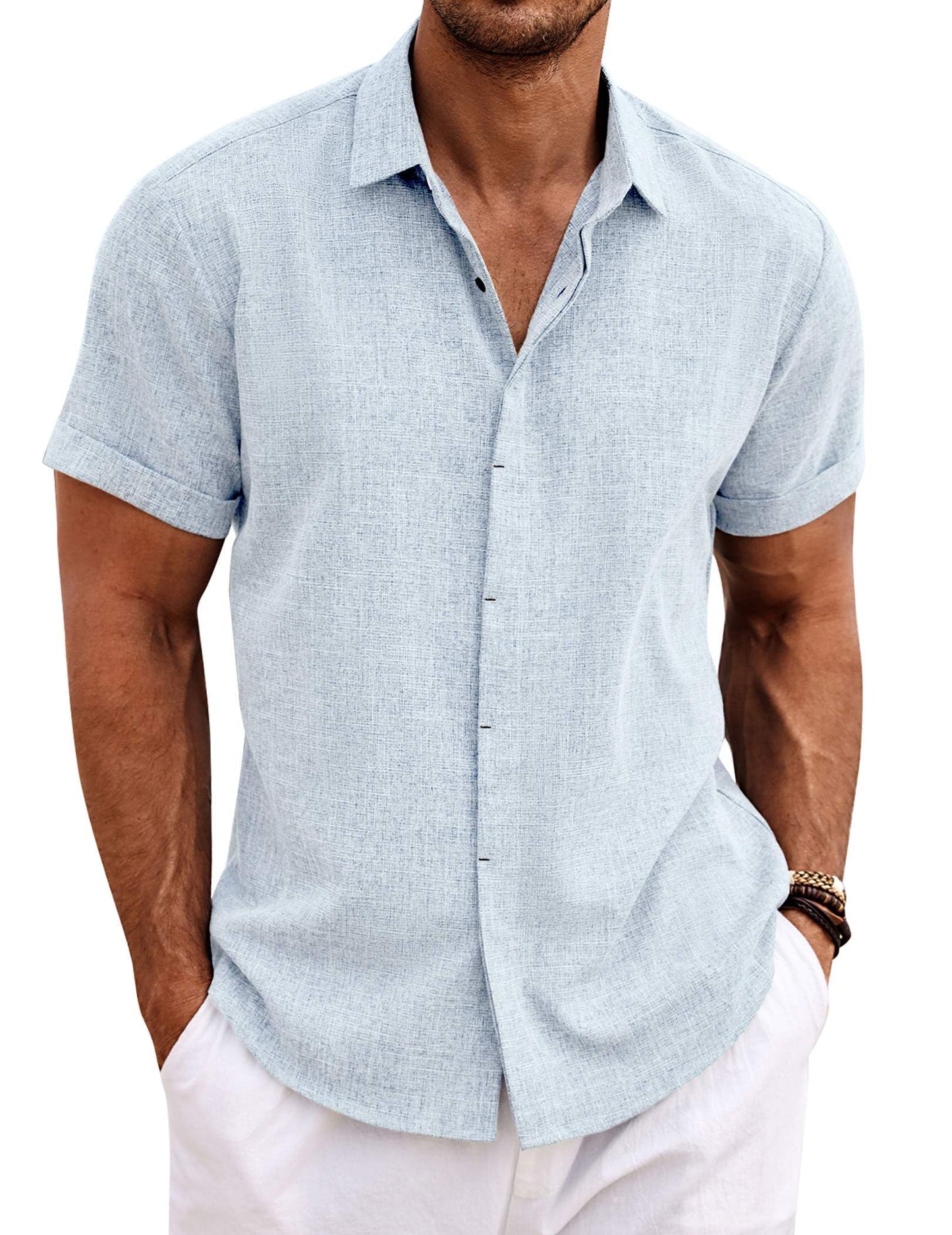 Men's Linen Shirts Short Sleeve Casual Shirts Button Down Shirt for Men Beach Summer Wedding Shirt