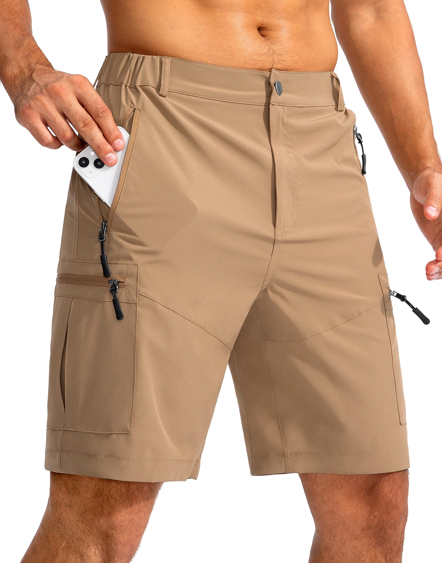 Men's Multi-Pocket Lightweight Outdoor Cargo Shorts, Casual Shorts for Hiking Golf Camping Could you recommend other men's outdoor apparel? Are hooded waterproof jackets available? What features do these hiking cargo shorts have?        What are the advan