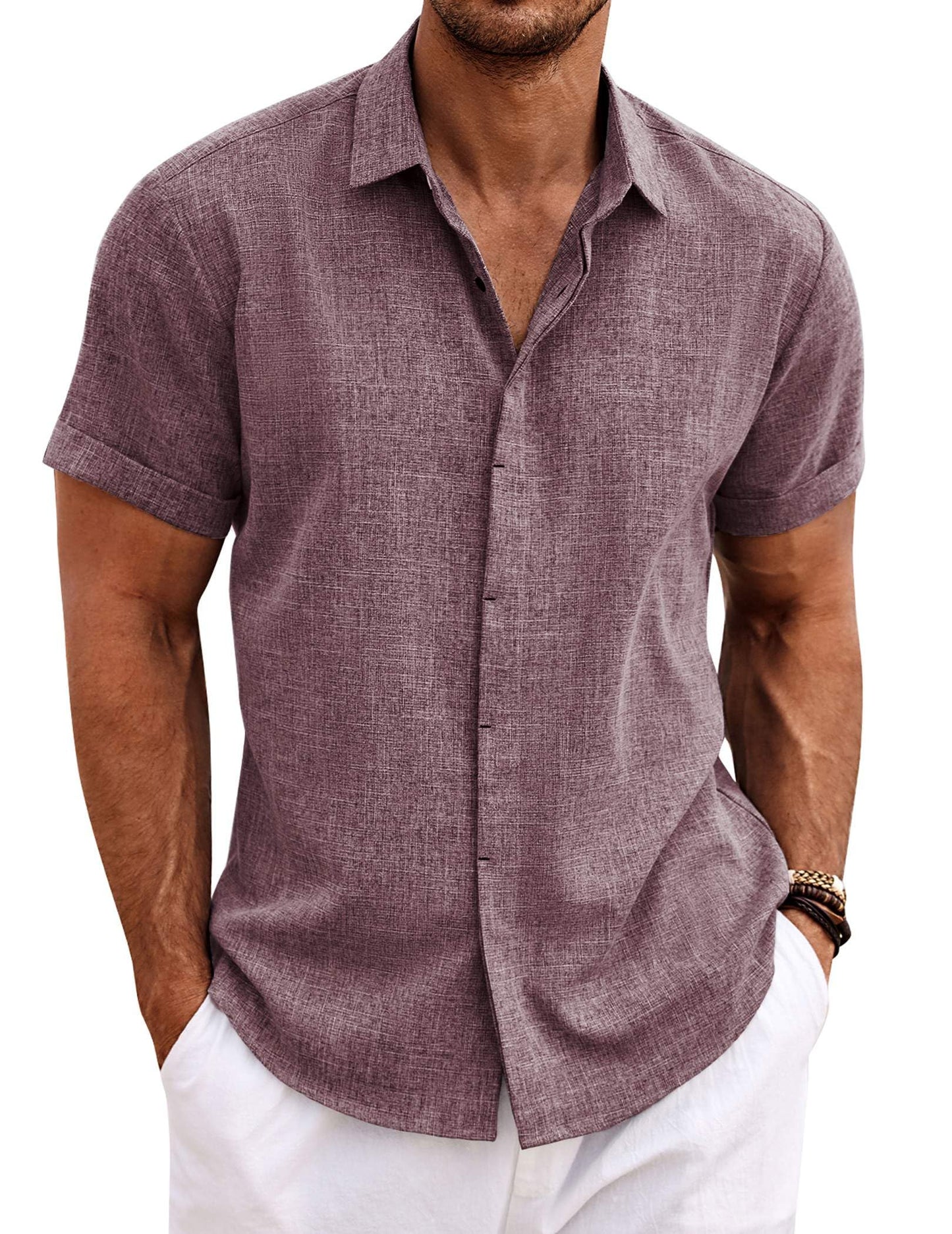 Men's Linen Shirts Short Sleeve Casual Shirts Button Down Shirt for Men Beach Summer Wedding Shirt